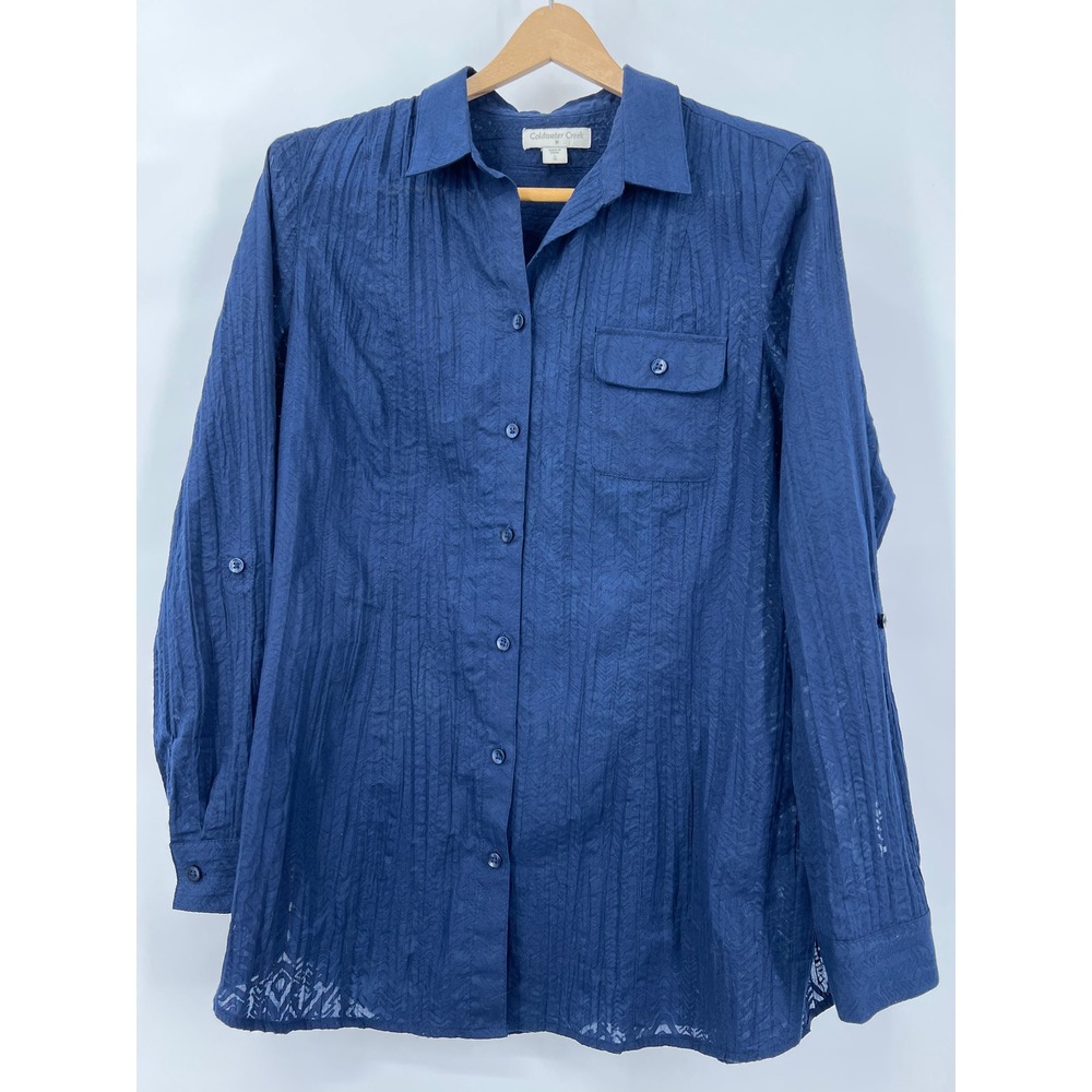 Coldwater Creek Womens Navy Blue‎ Textured Pintuck Roll Tab Button Up Shirt L 14
